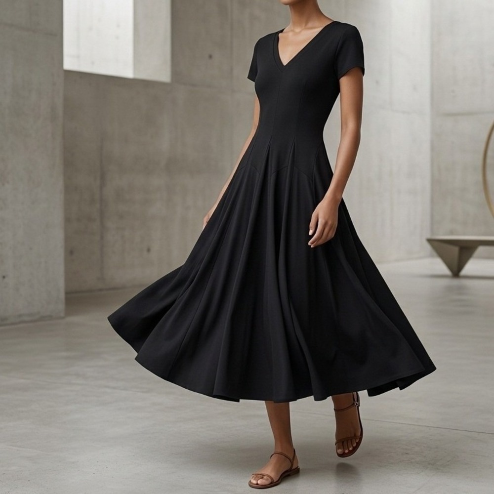 Lunaluz Dress Medium Black Midi Short Sleeve V-Neck Balloon Hem Minimalist